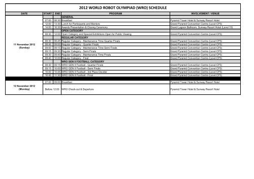 2012 WORLD ROBOT OLYMPIAD (WRO) SCHEDULE