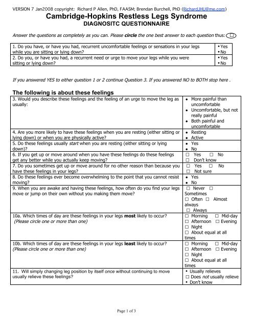 Cambridge-Hopkins Restless Legs Syndrome - NINDS Common ...