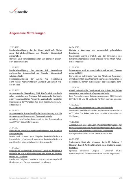 Swissmedic Vigilance-News Edition 30 – Mai 2023