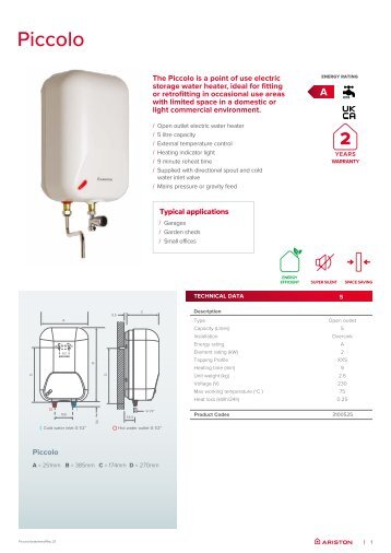 Ariston - Piccolo - Datasheet UK