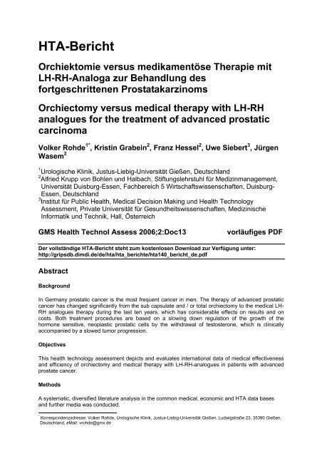 HTA-Bericht Orchiektomie versus medikamentöse Therapie mit LH ...