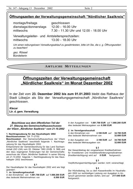 „Nördlicher Saalkreis“ im Monat Dezember 2002 - Löbejün