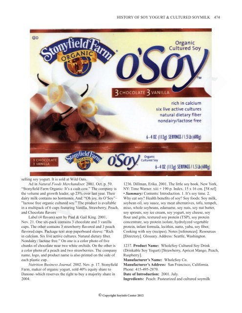 history of soy yogurt, soy acidophilus milk and other ... - SoyInfo Center