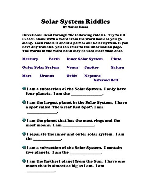 Solar System Riddles Worksheet