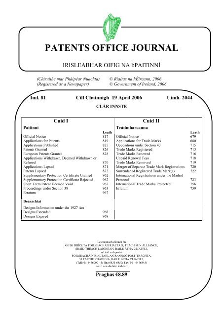 PATENTS OFFICE JOURNAL - Irish Patents Office