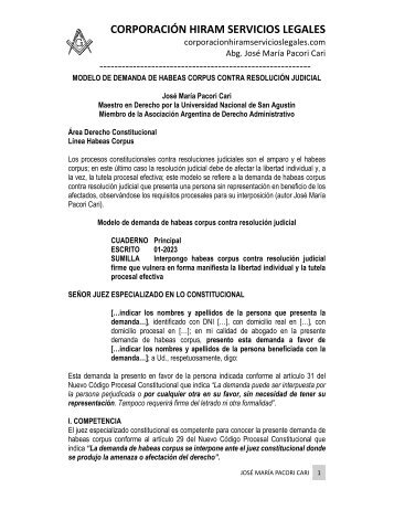 MODELO DEMANDA HABEAS CORPUS CONTRA RESOLUCIÓN JUDICIAL - AUTOR JOSÉ MARÍA PACORI CARI