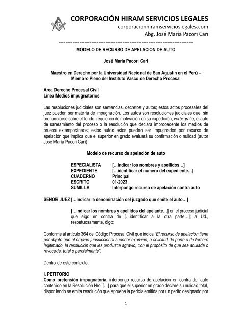 MODELO RECURSO DE APELACIÓN DE AUTO - AUTOR JOSÉ MARÍA PACORI CARI