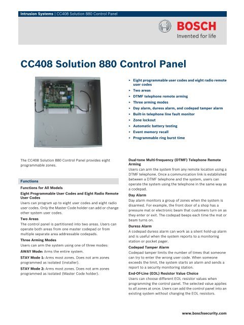 CC408 Solution 880 Control Panel - Bosch Security Systems
