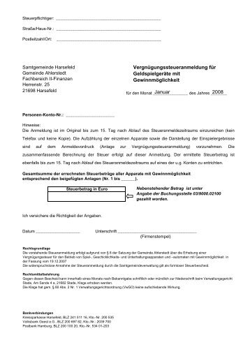 Vergnügungssteuer Anmeldung für Spielgeräte Gemeinde Ahlerstedt