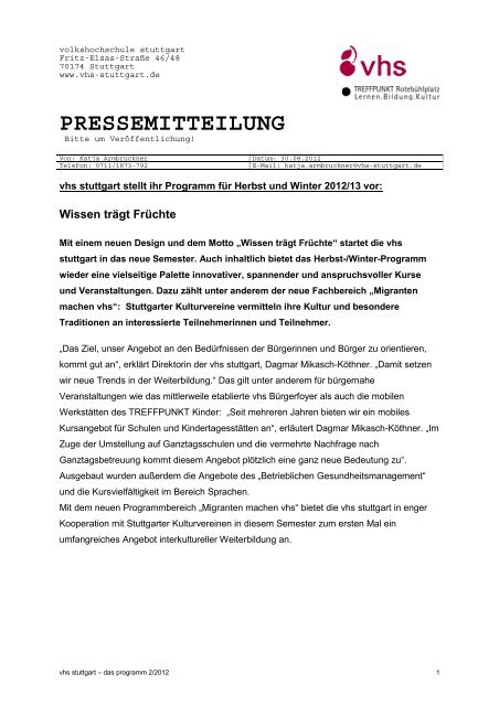 PRESSEMITTEILUNG - Volkshochschule Stuttgart