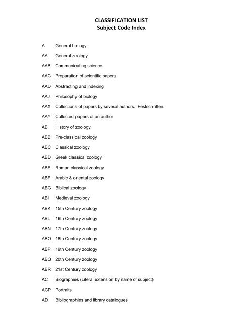 CLASSIFICATION LIST Subject Code Index - Web