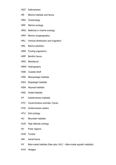 CLASSIFICATION LIST Subject Code Index - Web