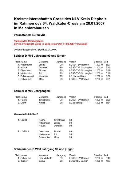 Kreismeisterschaften Cross des NLV Kreis Diepholz im Rahmen des ...