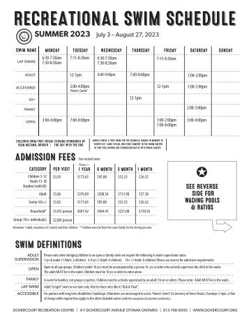 Dovercourt summer2023 Rec swim schedule