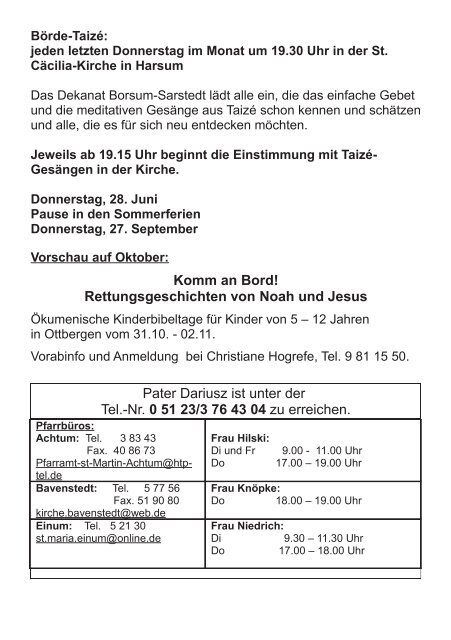 Pfarrbrief für Juli - September 2012 - Dekanat Borsum Sarstedt