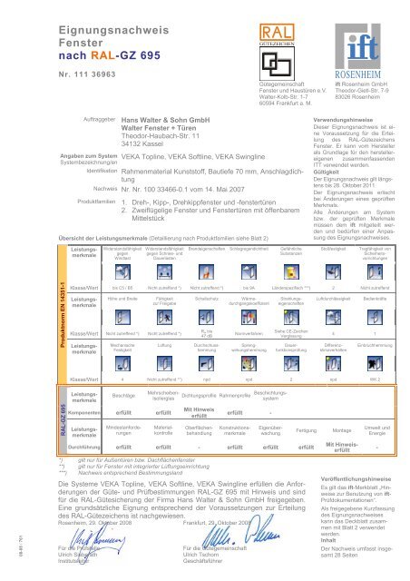 Eignungsnachweis Fenster nach RAL-GZ 695 - Walter Fenster + Türen