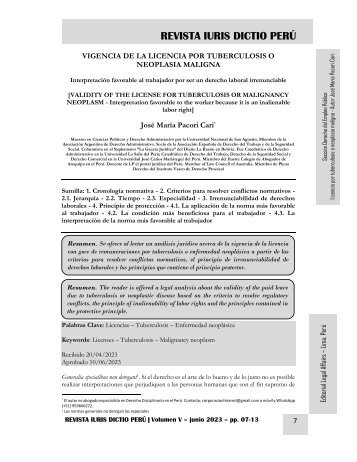 VIGENCIA DE LA LICENCIA POR TUBERCULOSIS O NEOPLASIA MALIGNA - AUTOR JOSÉ MARÍA PACORI CARI