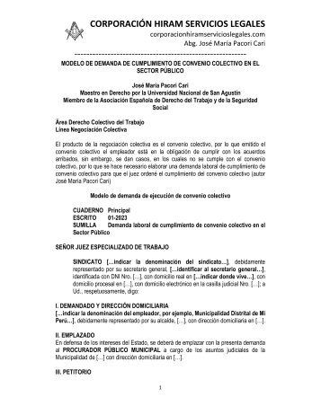 MODELO DEMANDA DE CUMPLIMIENTO DE CONVENIO COLECTIVO - AUTOR JOSÉ MARÍA PACORI CARI