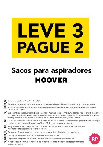 CARTAZ LEVE 3 PAGUE 2 SACOS ASPIRADORES HOOVER