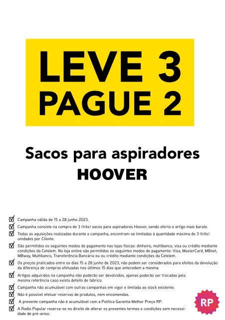 CARTAZ LEVE 3 PAGUE 2 SACOS ASPIRADORES HOOVER