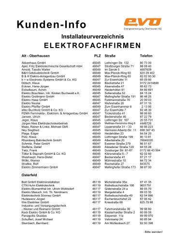 Kunden-Info Installateurverzeichnis ELEKTROFACHFIRMEN