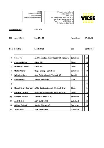 Aufgebotsliste Kurs III/1 EK von: 9.1.06 bis: 27.1.06 Kursleiter ... - vkse