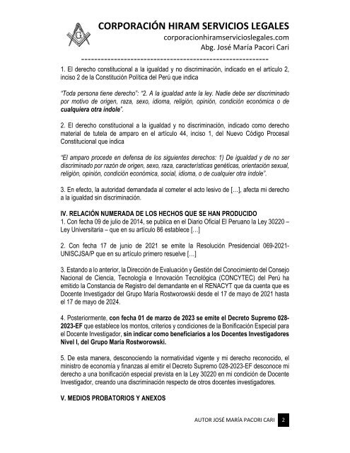 MODELO DEMANDA DE AMPARO POR DISCRIMINACIÓN - AUTOR JOSÉ MARÍA PACORI CARI