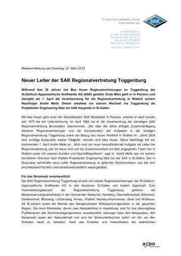 Neuer Leiter der SAK Regionalvertretung Toggenburg