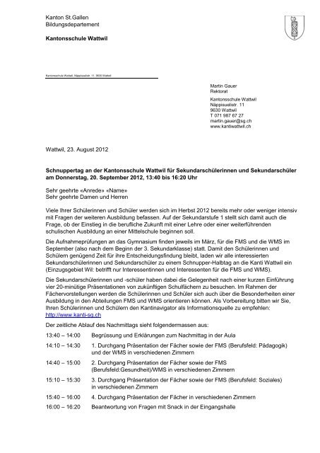 Einladung Schnupperhalbtag - Kantonsschule Wattwil