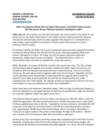 OK3 AIR Airport Lawsuit Settlement Press Release