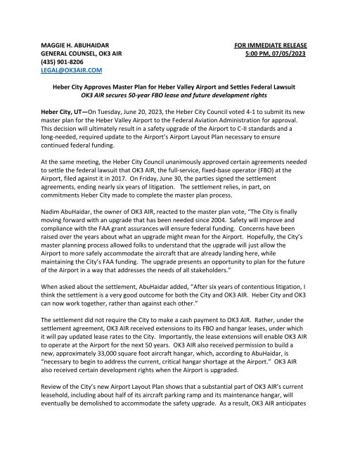 OK3 AIR Airport Lawsuit Settlement Press Release