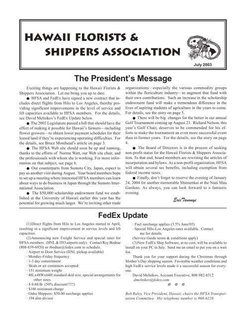 Hawaii Florists & Shippers Association The President's Message