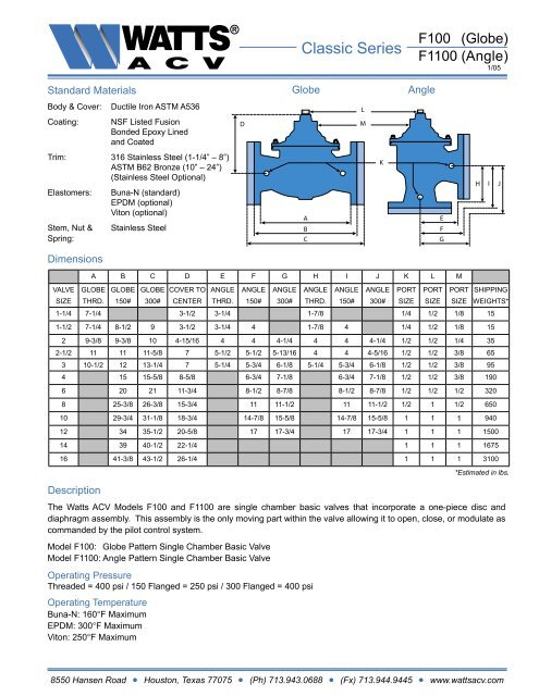 Watts F100 Cut Sheet - Stockton Valve Products