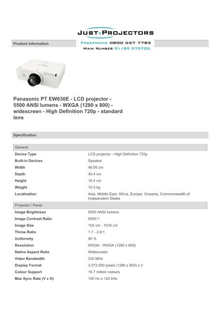 Panasonic Pt Ew630e Lcd Projector 5500 Ansi Lumens Wxga