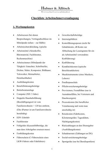 Checkliste Arbeitnehmerveranlagung - Hubner & Allitsch