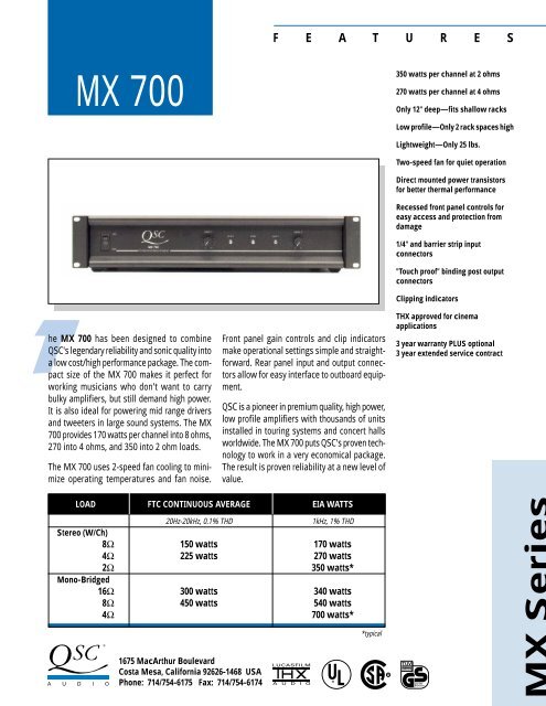 MX 700 Specifications - QSC Audio Products