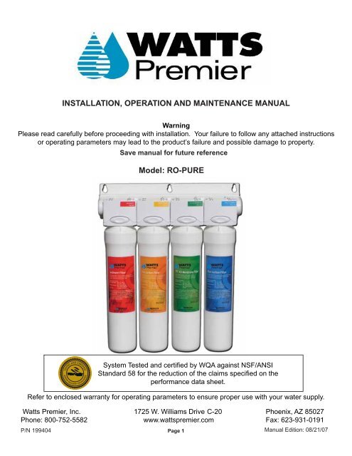 Watts Premier RO Pure RO-4 Manual - Fresh Water Systems