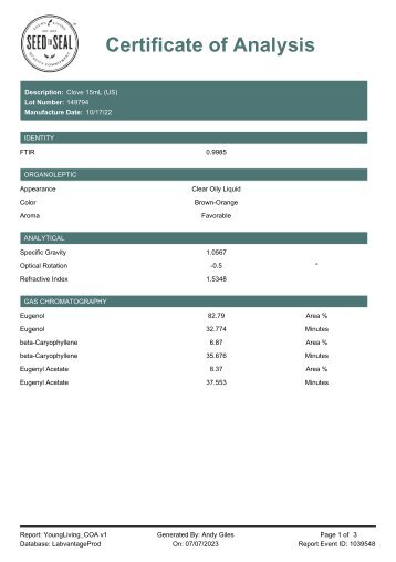 Clove Lot 149794 Finished Goods Testing