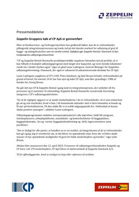 Zeppelin Gruppens køb af CP ApS er gennemført_pressemeddelelse