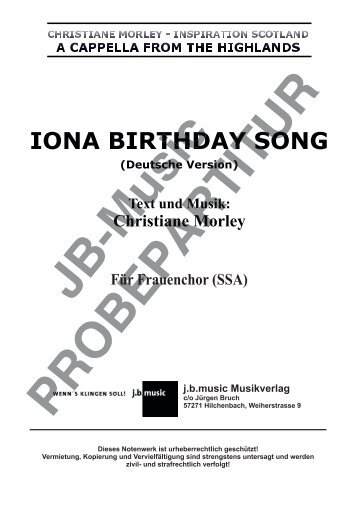 Iona Birthday Song (Deutsche Version) für Frauenchor SSA, Männerchor TTB o. TTBB und Gemischter Chor SAM o. SATB
