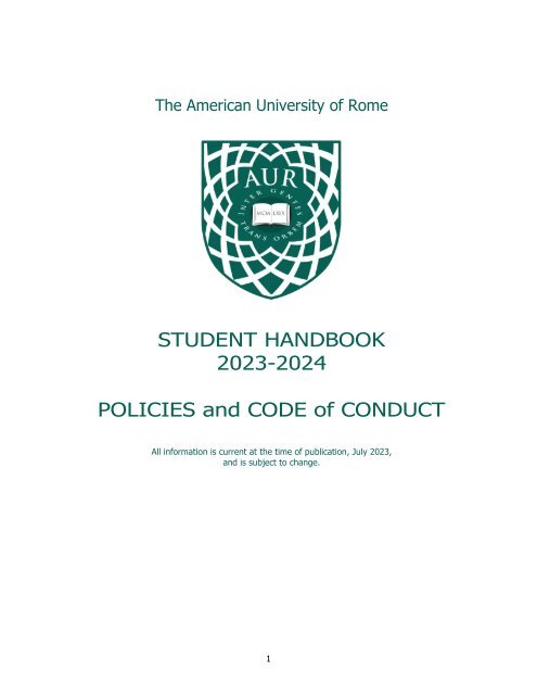 AUR STUDENT HANDBOOK & POLICIES 2023-24