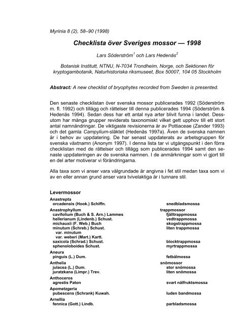 Checklista över Sveriges mossor — 1998 - Naturhistoriska riksmuseet