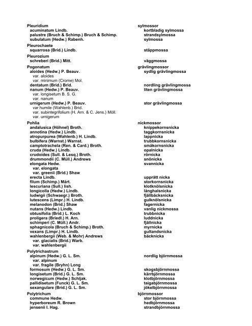 Checklista över Sveriges mossor — 1998 - Naturhistoriska riksmuseet