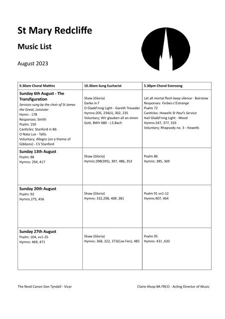 St Mary Redcliffe Music List August 2023