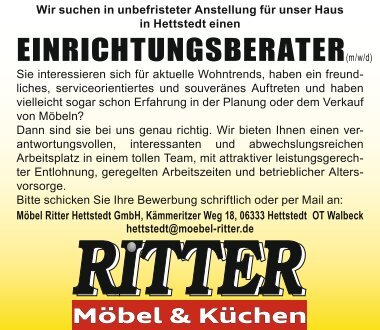 Einrichtungsberater bei Möbel Ritter in Hettstedt gesucht
