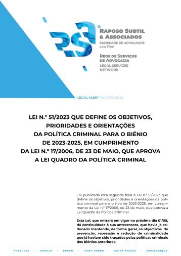 Legal Alert - Lei n.º 51/2023 que define os objetivos, prioridades e orientações da política criminal para o biénio de 2023-2025, em cumprimento da Lei n.º 17/2006, de 23 de maio, que aprova a Lei quadro da política criminal