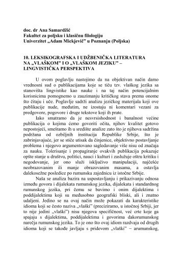 Ana Samardžić LEKSIKOGRAFSKA I UDŽBENIČKA LITERATURA  NA „VLAŠKOM” I O „VLAŠKOM JEZIKU” – LINGVISTIČKA PERSPEKTIVA