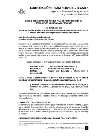 MODELO DESCARGOS AL IFI EN PROCEDIMIENTO SANCIONADOR DE TRÁNSITO - AUTOR JOSÉ MARÍA PACORI CARI