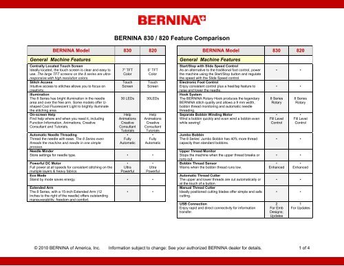 Bernina Sewing Machine Comparison Chart