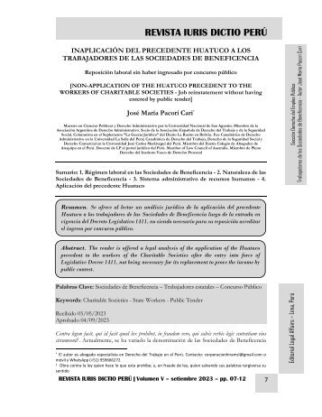 INAPLICACIÓN DEL PRECEDENTE HUATUCO A LOS TRABAJADORES DE LAS BENEFICENCIAS - AUTOR JOSÉ MARÍA PACORI CARI